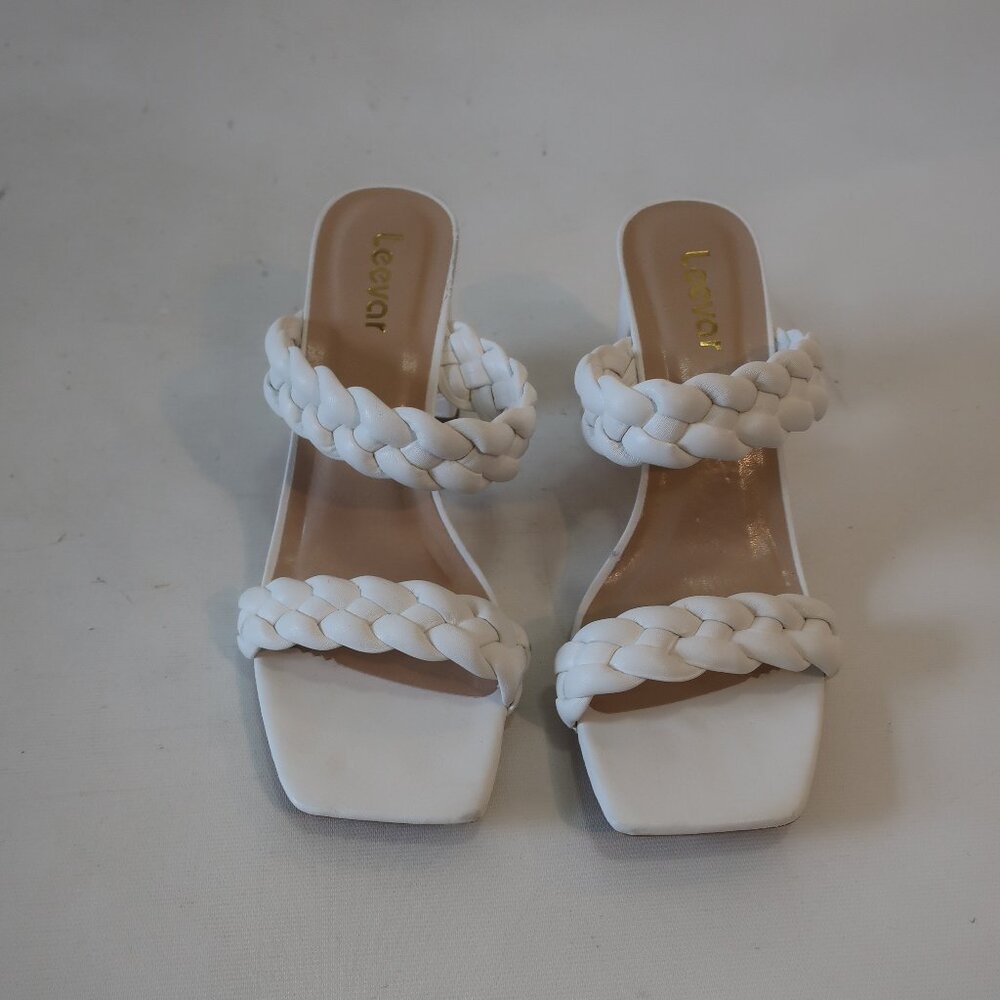 Womens Leevar White Braided Faux Leather Block Heel Slide Sandals 8.5